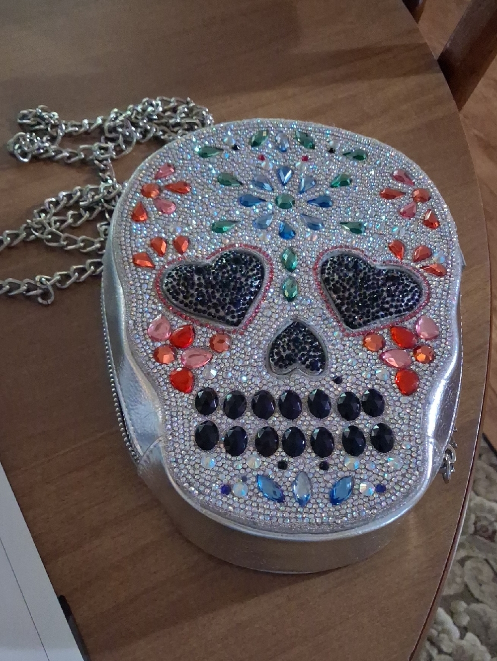 Betsey Johnson Silver Skull Gem Crossbody Bag with Multicolor Stones
